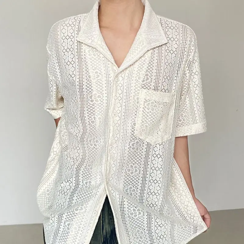 Retro Hollow out Cuban Collar Short Sleeve Men's Shirt Summer Loose Casual Thin Breathable Fashionable City Style Urban Wear