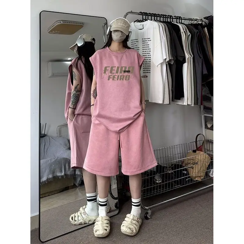 

Dopamine pink sleeveless T-shirt for women in summer, neutral style, cool and handsome t wear, suede short-sleeved sports vest