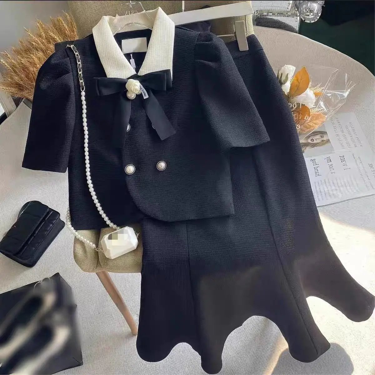 Chic Style Suit for Women, 2024 Spring and Summer New French High-End Bow Short Jacket with Fish Tail Skirt Two-Piece Set Hot