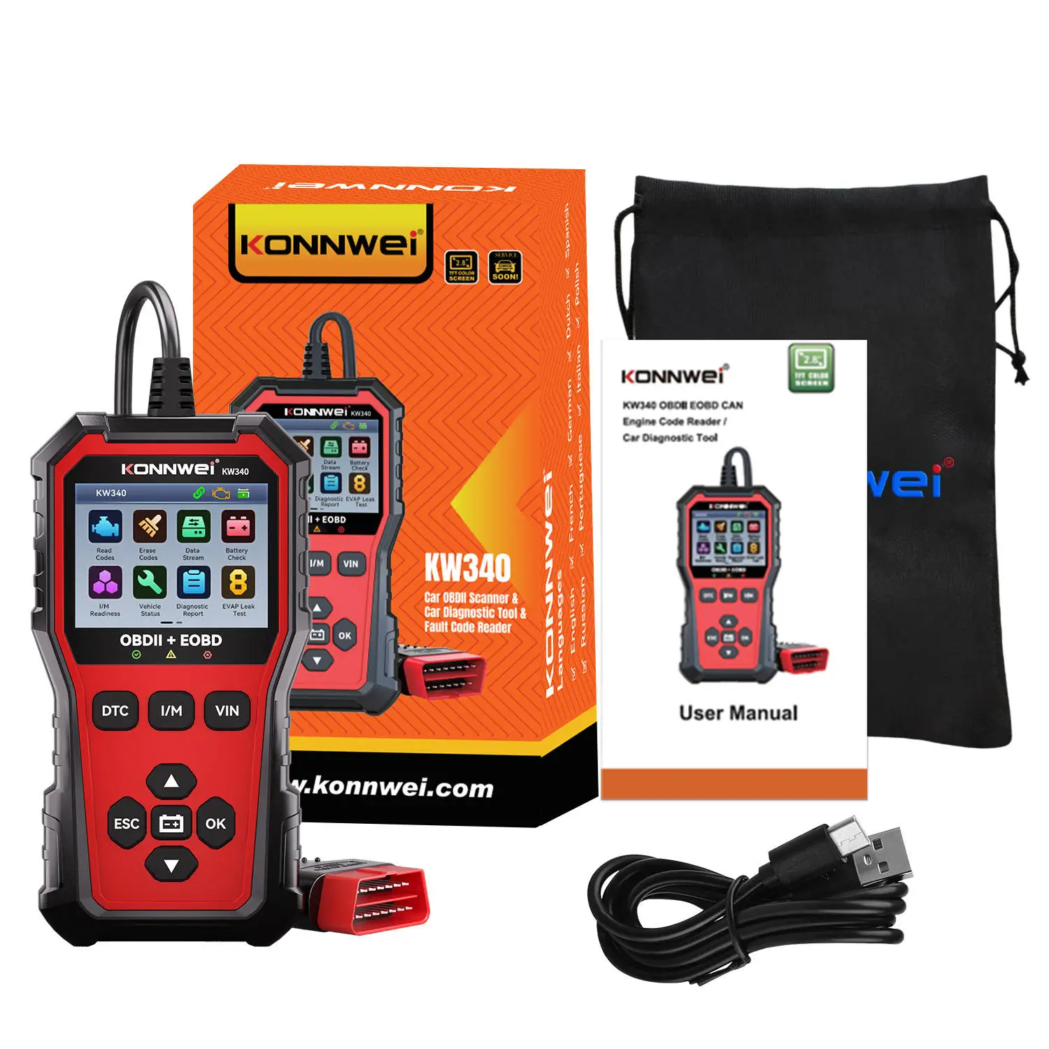 KONNWEI KW340 Car CAN OBD2 EOBD Scanner Diagnostic Tool Engine & Battery Test Read Fault Code Clear Real-Time Data O2 Inspection