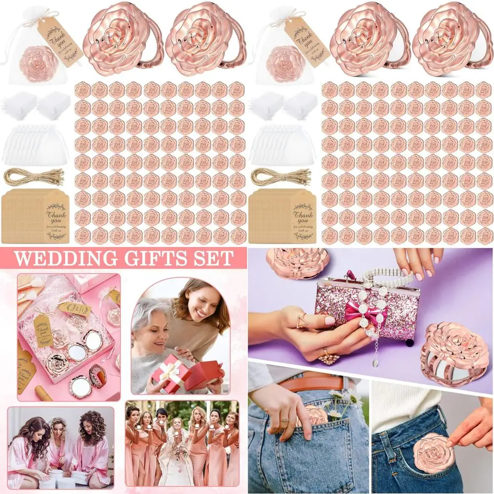 

Pink & Gold Rose Compact Mirrors with Tags & Jute Twine, Bulk Wedding Favors in White Organza Bags