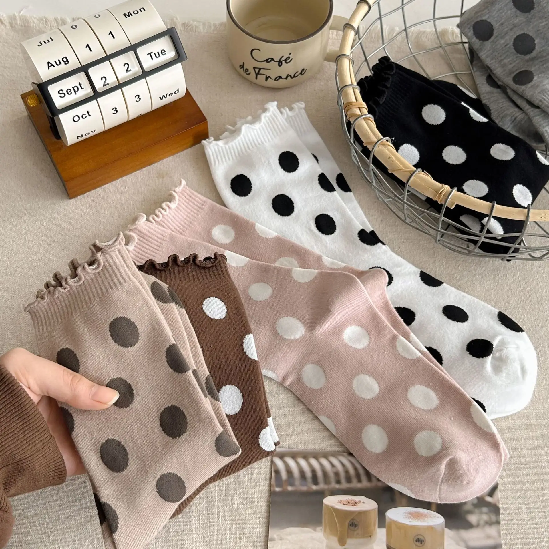 

5 пар женских носков, японские милые мягкие высококачественные хлопковые носки в горошек с закрученными краями, милые кавайные носки средней длины в стиле Харадзюку