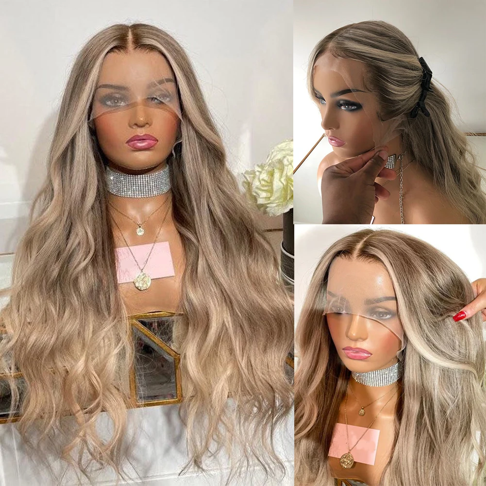 

150/180/200% Golden Ash Blonde Full Lace Human Hair Wigs Highlighted Long Wavy 13x6 Lace Front Wig Pre Plucked Natural Hairline