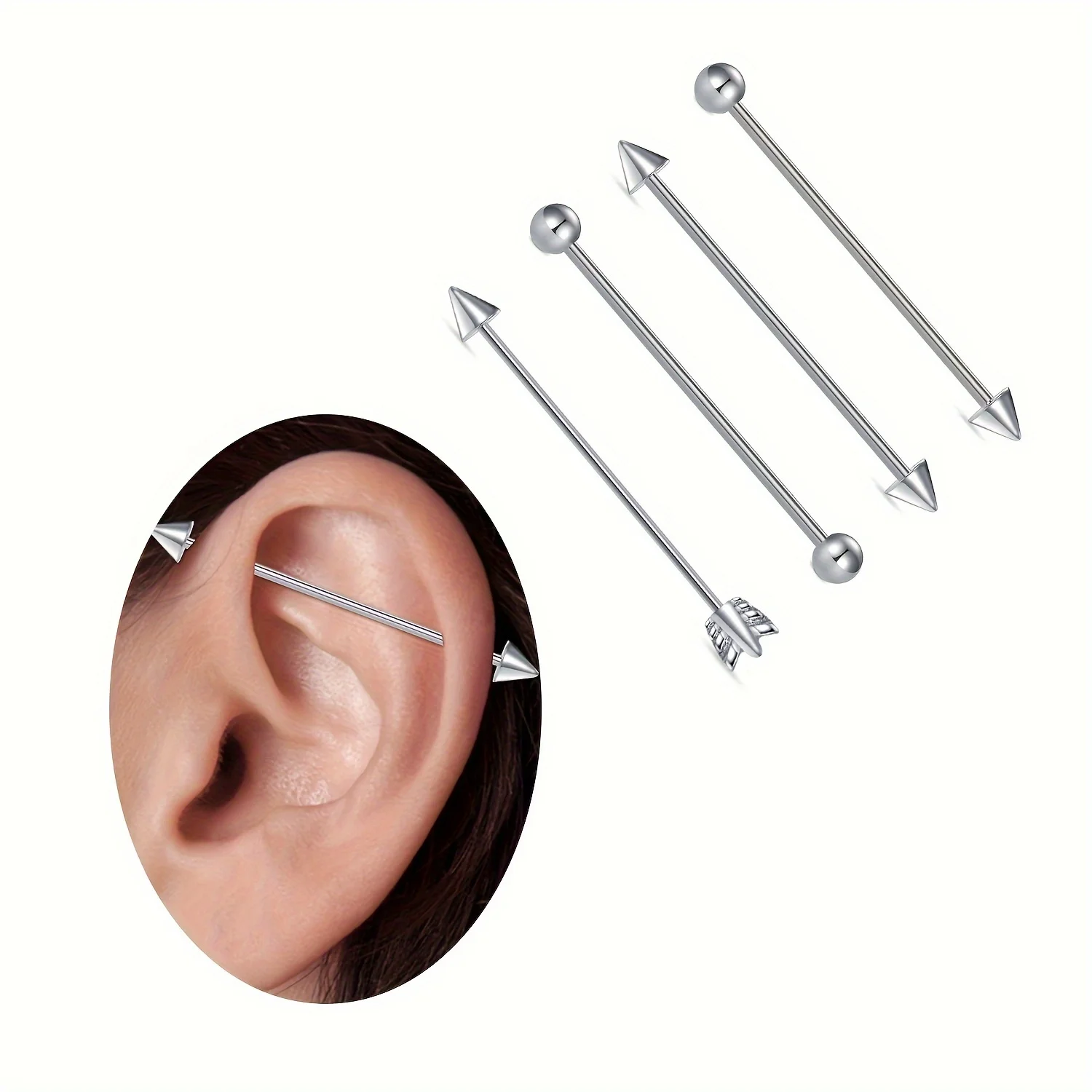4pcs/Set Stainless Steel Arrow Barbell Ear Piercing Jewelry Fashion Industrial Long Bridge Transversal Earring for Men Women