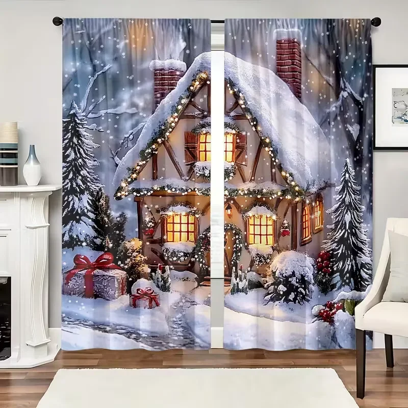 Cozy Christmas Cabin Scene Curtain Waterproof Holiday Window Dressing for Festive Home Decor