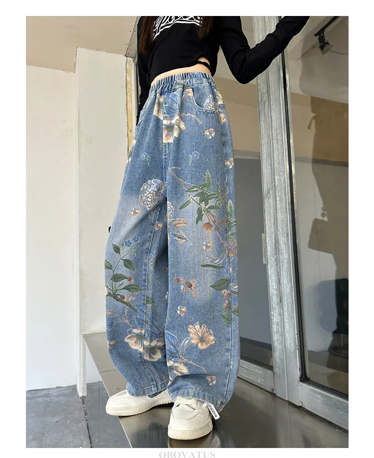 Designer-Jeans für Kinder im High-Street-Stil mit Blumenmuster für Mädchen, trendige Jeanshosen für Teenager, weite Jeanshosen mit Blumenmuster. – Detail 5