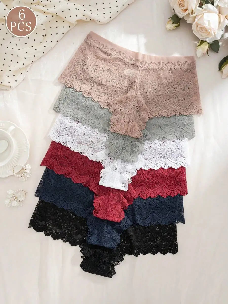

6 Pcs Women Lace Panties Set Solid Color Briefs With Ruffle Trim
