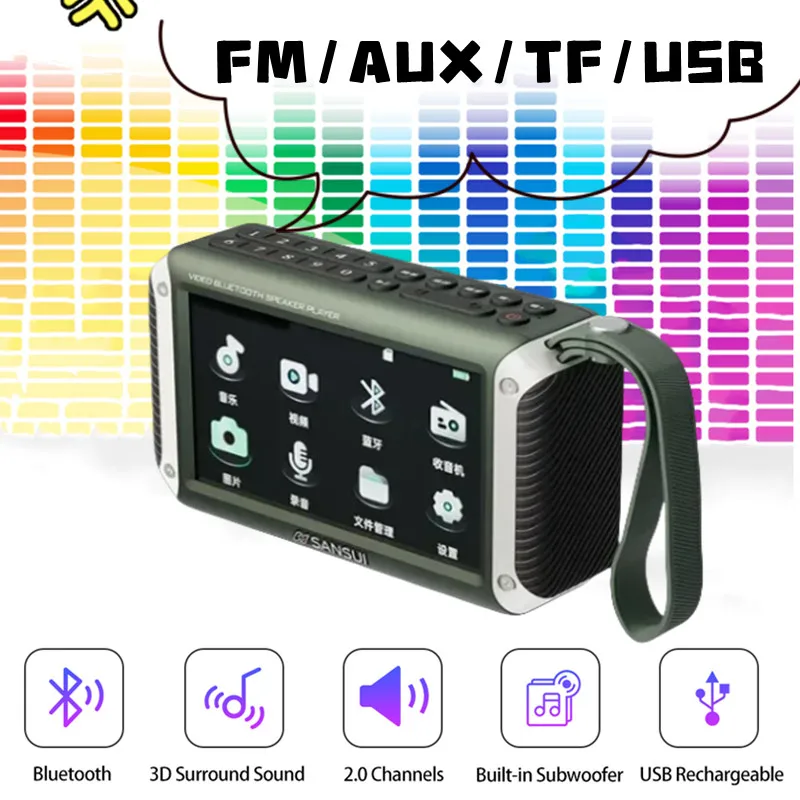 

SANSUI F53 4.3-inch LED Display Radio Wireless Bluetooth Speaker Portable FM Radio TF Card Slot MP4 Music Player Video Boom Box