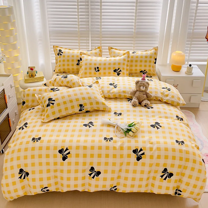 Yellow Plaid Duvet Cover 3/4pcs Soft Reversible Buffalo Grid Bedding Set Kawaii Black Bow Quilt Cover for Teen Girls Room Decor