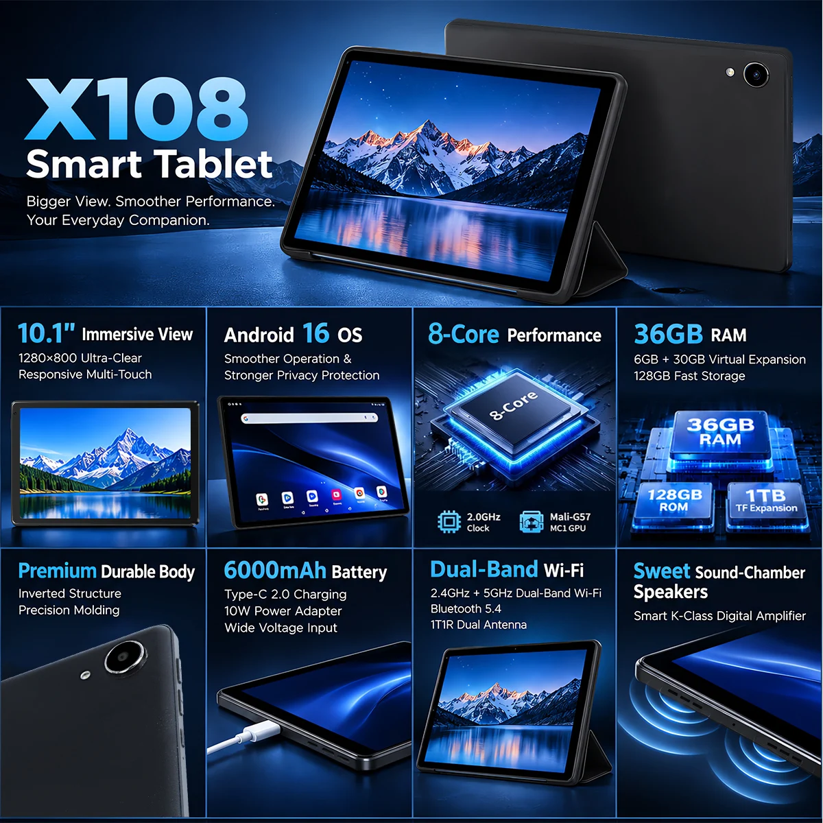 10.1'' Android 16 Tablet 8 Core Tablet 36(6+30)GB+128GB 1TB Expansion WiFi6 5MP+8MP Stylus Keyboard Mouse Headphone PC PAD Set
