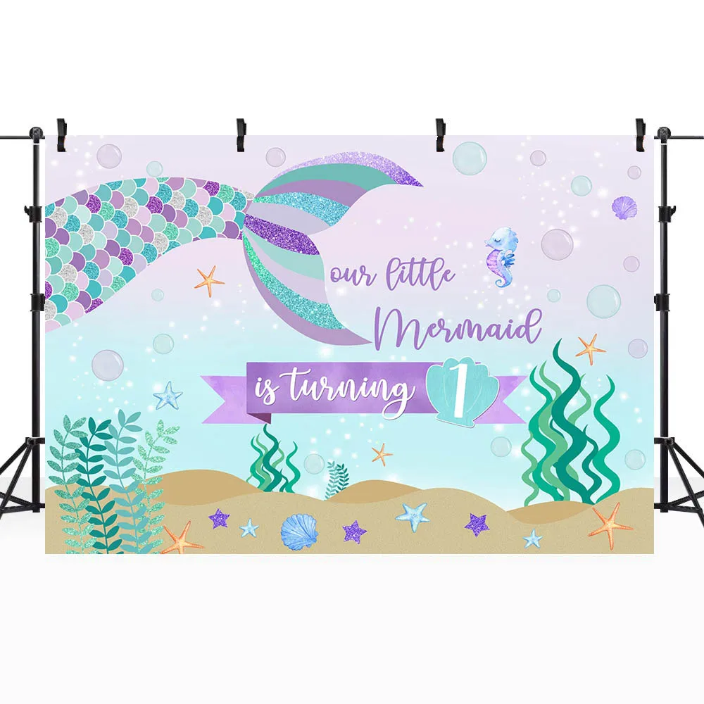 Mocsicka-telón de fondo de 1er cumpleaños para niña, 1 foto de fondo de nuestra sirenita, cola de sirena bajo el mar, accesorios para sesión de fotos