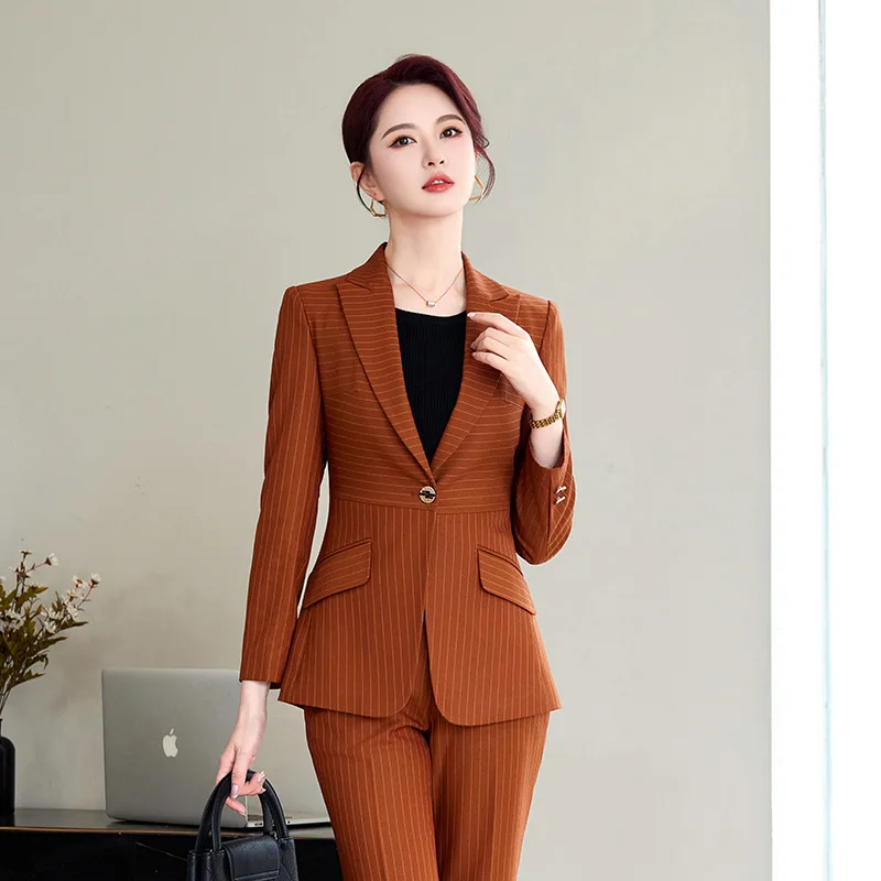 

High-end Professional Suit Set for Women, Elegant Hotel Manager Business Formal Two-piece Striped Fashion Set