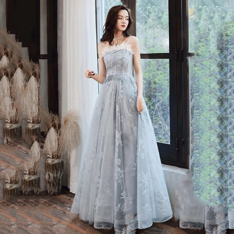 Sexy Blue Tube Top Feather Floor Length Prom Dresses Backless A-Line Evening Party Gown robes de