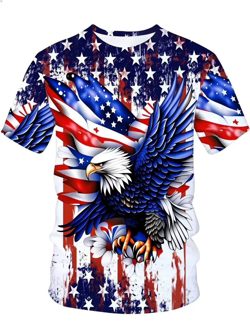 Mens T-shirt bald eagle american flag distressed stripe star floral graphic full print short sleeve crew neck casual top