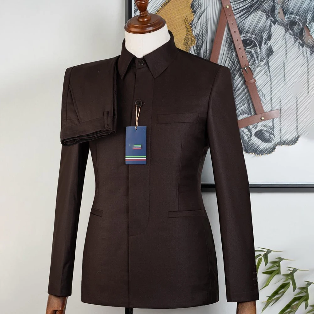 

Bespoke Brown Men's Suits Fashion Single Breasted Stand Lapel Skinny 2 Piece Jacket Pants High Quality Male Clothing Costume