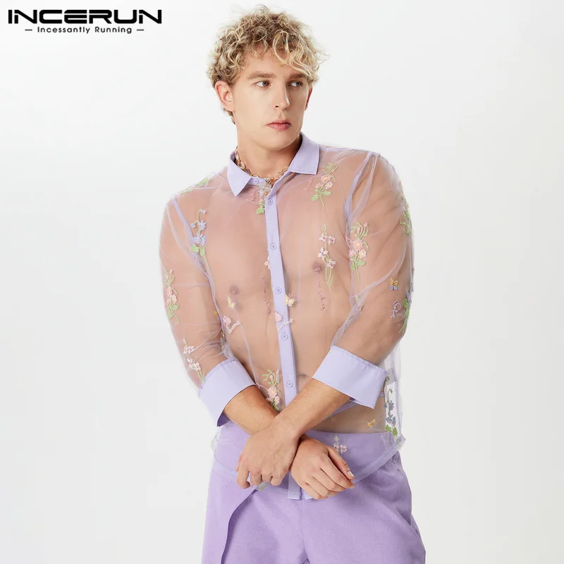 INCERUN Tops 2024 American Style Sexy Men Perspective Jacquard Lace Design Shirts Casual Clubwear Thin Long Sleeved Blouse S-5XL