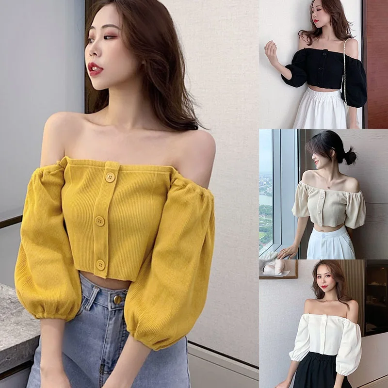 Women\'s Off Shoulder Tops One Shoulder Shirts Short Puff Sleeves Sexy Knit Pullover Soft Tees