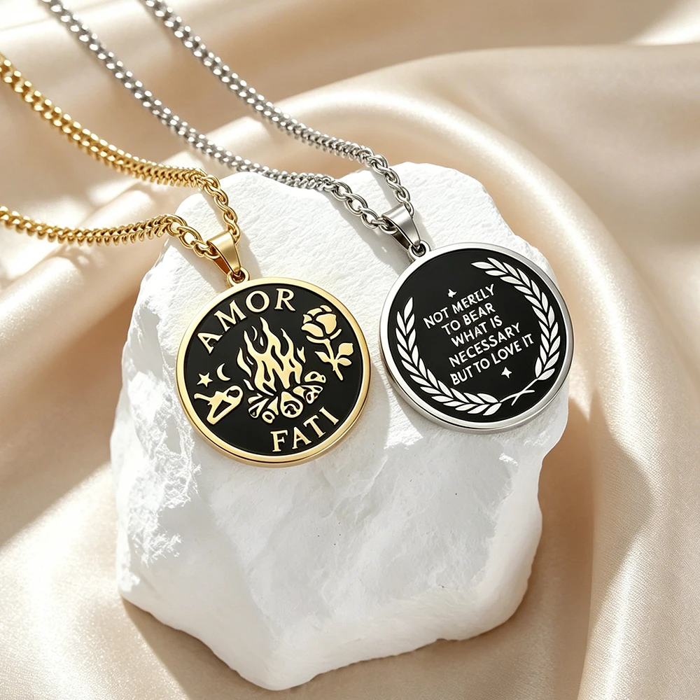 Amor Fati Stoic Necklace for Men Women Stainless Steel Double‑Sided Engraved Fire Rose Charms Inspirational Quote Jewelry Gifts