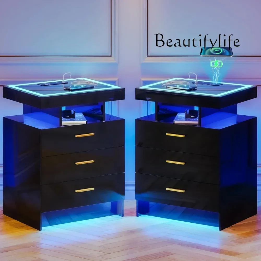 XR Modern Bedside Table 2 Set Nightstands With Wireless Charging Station, Auto Sensor 3 Color Dimmable LED Night Stand