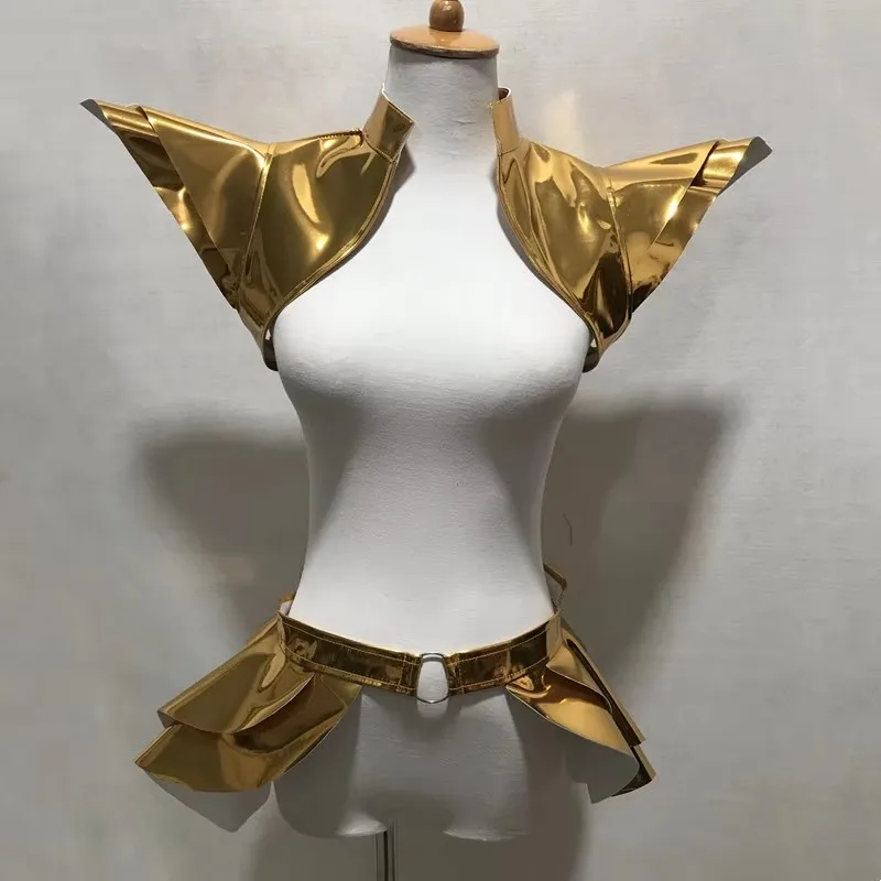 

Женский наряд для джазовых танцев золотого, серебряного цвета из лакированной кожи, летающие подплечники, юбка, ночной клуб, бар, Gogo, сценическая одежда, сценическая одежда