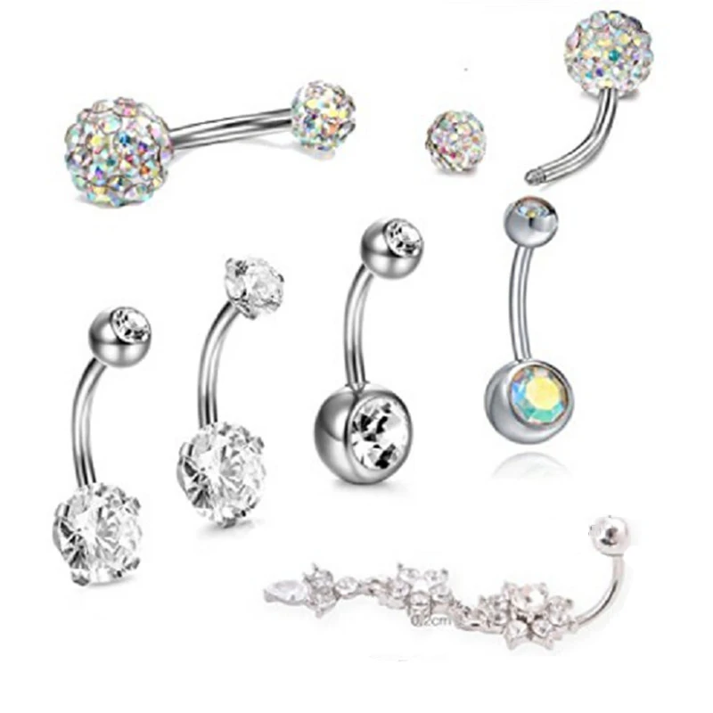 7-Piece Stainless Steel Zircon Silver Navel Ring Set With Human Piercing Accessories