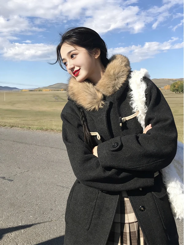 

Women's Woolen Coat Winter Faionable Hat Fur Collar Camere Woolen Knitted Jaet Korean Sle Long Sve Thiened