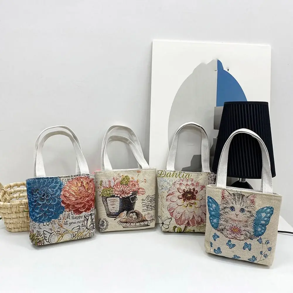 ポータブル蝶刺繍エスニックスタイルハンドバッグ猫鳥キャンバストートバッグプリントショッピングバッグフラワーショルダーバッグデイリー
