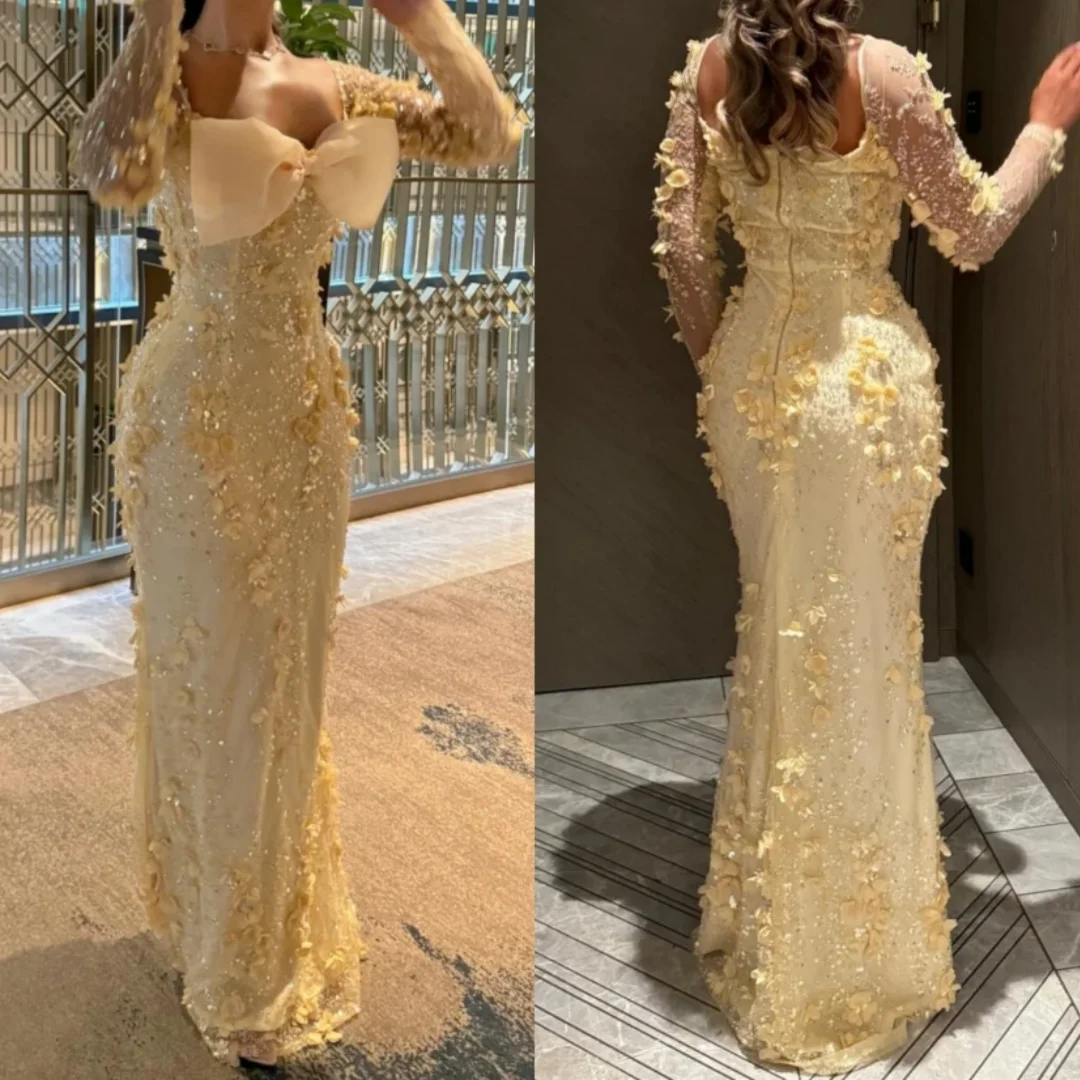 

Elegant Applique Sequined Bow Off-the-shoulder Trumpet Floor-length Bespoke Occasion Women Luxury Evening Party Gown Customized