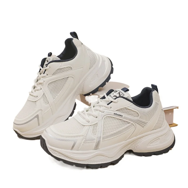 

2026 Women's Sport Shoes Summer Thick Bottom Dad Style Student White Sneakers Synthetic Upper Rubber Sole Breathable Mesh Lining