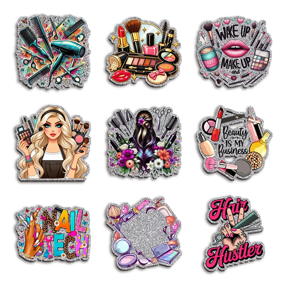 5pcs Cosmetology and Hairdressing Color Glitter Acrylic Flatback for Badge Hair Bow Keychain Reel Clip Decoration