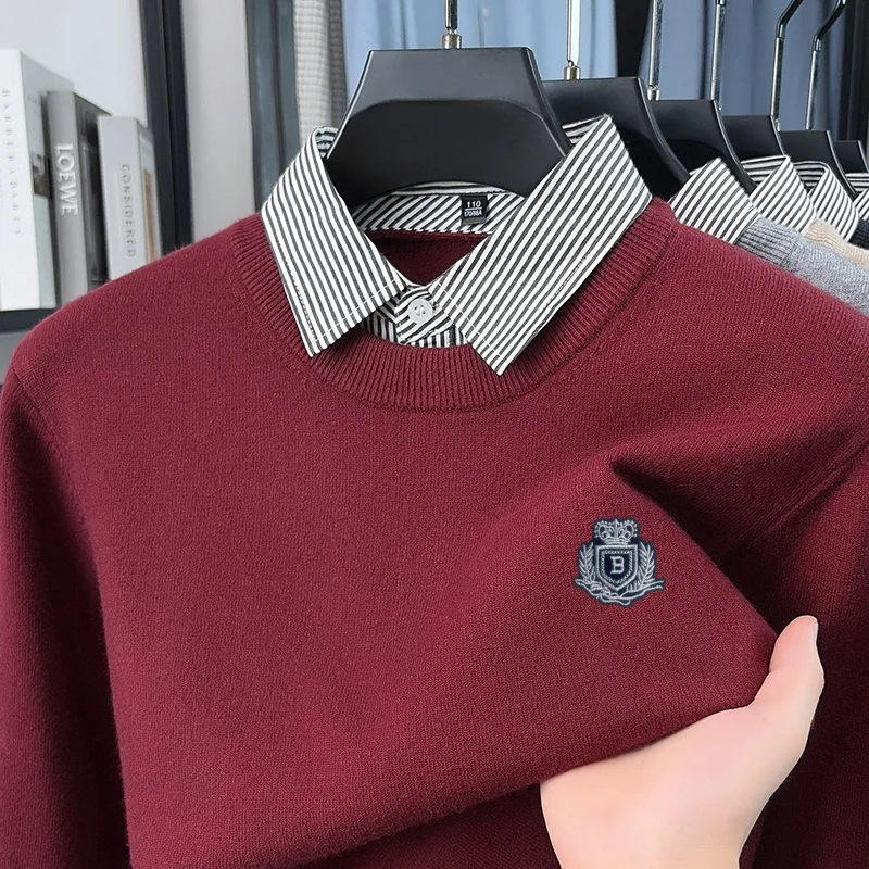Herbst Herren Einfarbiger O-Ausschnitt Strickpullover mit Stickerei, Zweiteiliges Design, Warme Langarm-Oberteile, Arbeitskleidung für Männer – Detail 7