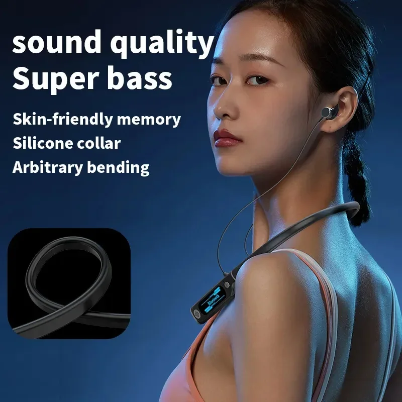 Auriculares ENC deportivos de reproducción Extra larga con micrófono, auriculares deportivos para colgar en el cuello, auriculares estéreo para correr con pantalla Lcd