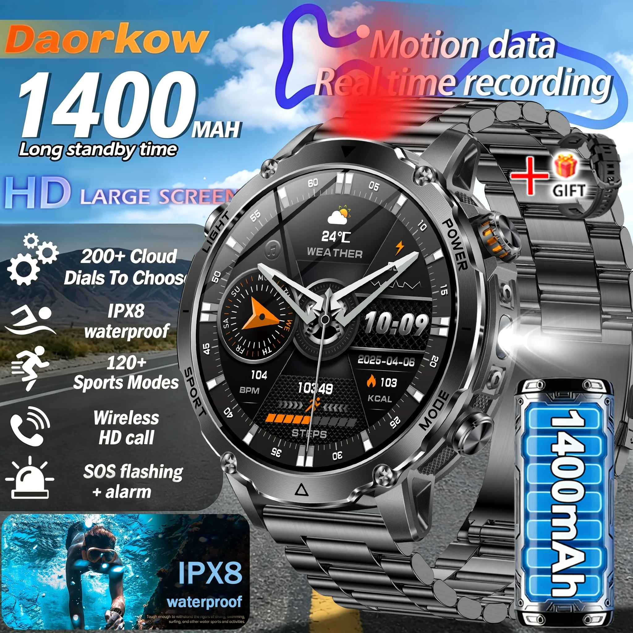 

2026 New Military TANK SmartWatch Bluetooth call 10ATM Waterproof 1400mAh Battery Heart rate monitoring Outdoor Sports Watch Men