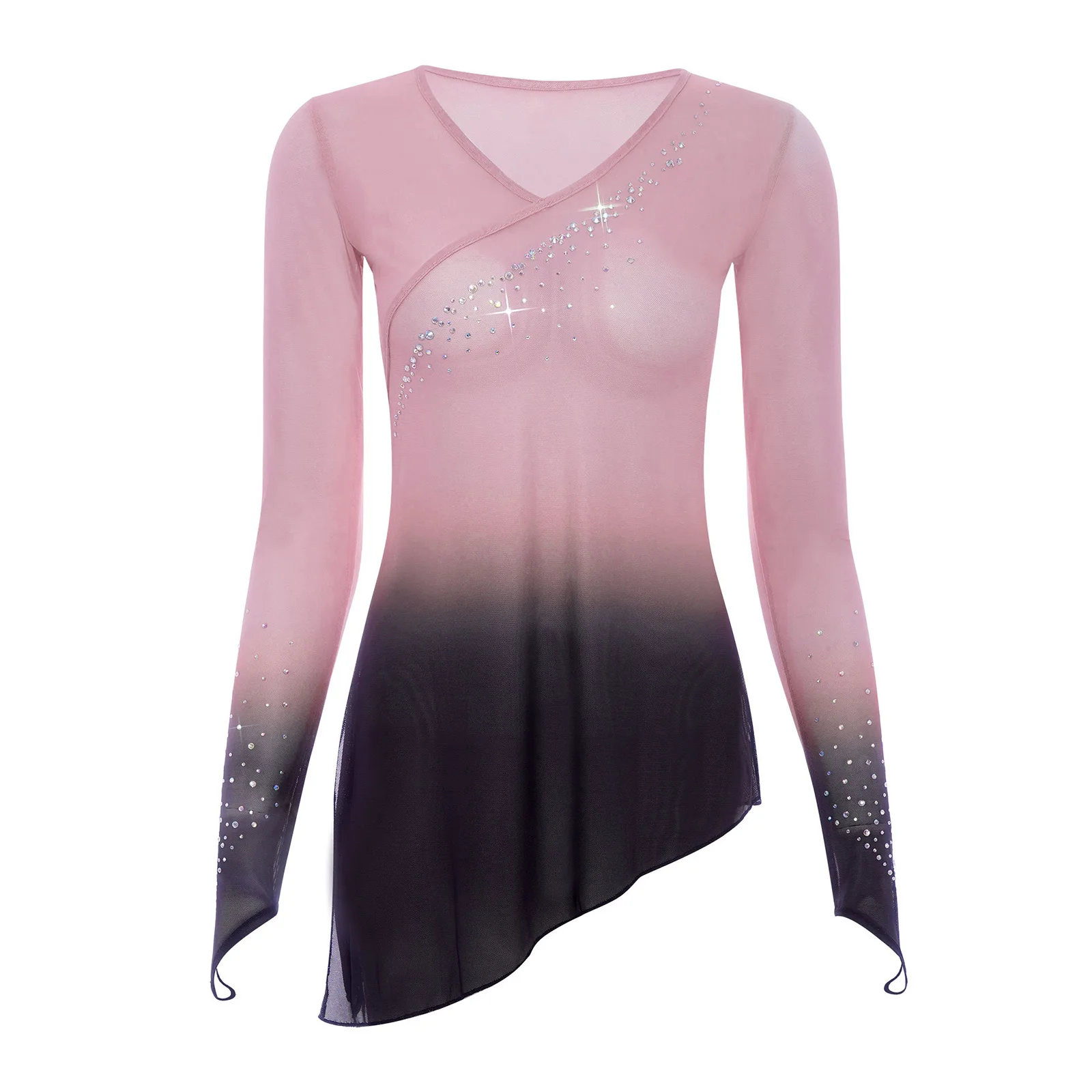 Traje de danza moderna lírico para mujer, traje de actuación de danza clásica, mangas largas, diamantes de imitación degradados, Tops de malla, ropa de entrenamiento de Yoga