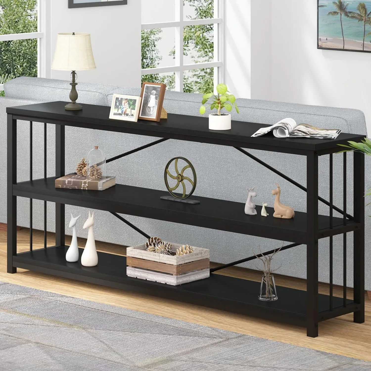 Entryway Table, Modern Extra Long Sofa Console Table, Metal Wood Narrow Hallway Table with Storage Shelves, 70 Inch