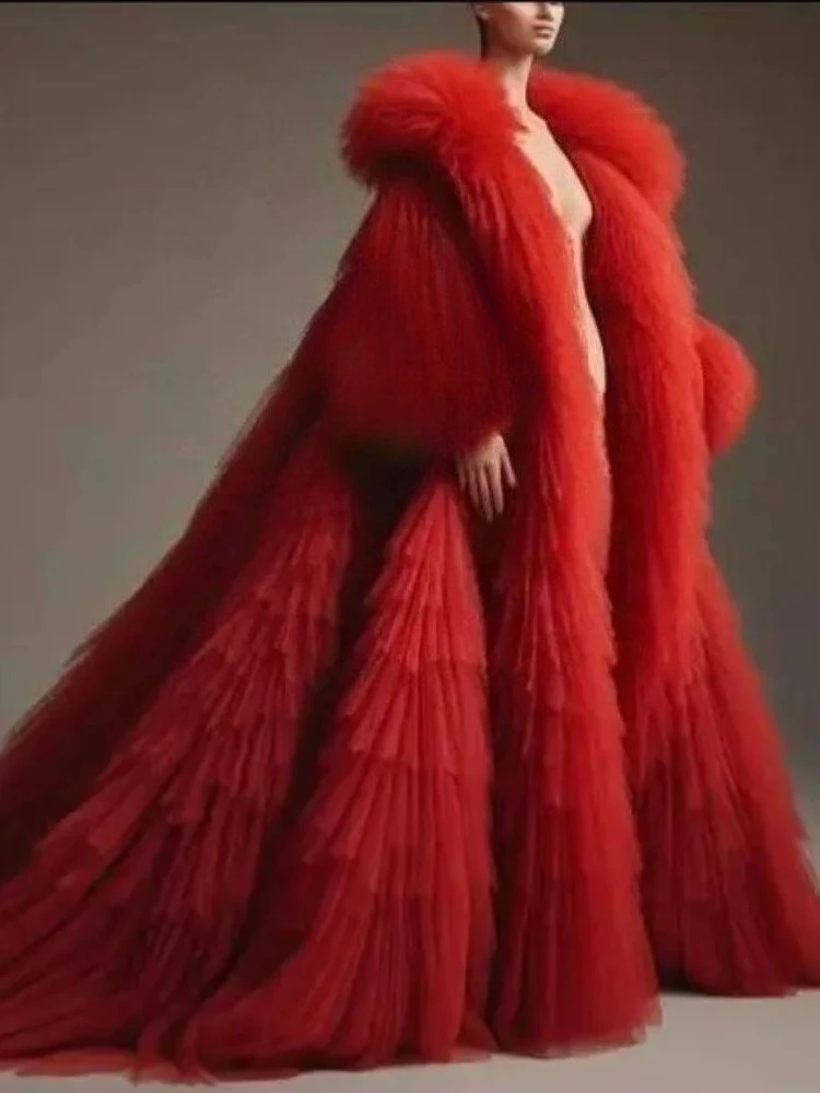 Red Fluffy Pleated Ruffled Long Sleeved Cloak Fluffy Tiered Tulle Long Women Jacket Lush Cape Vest Outfit Female Outwear Coat