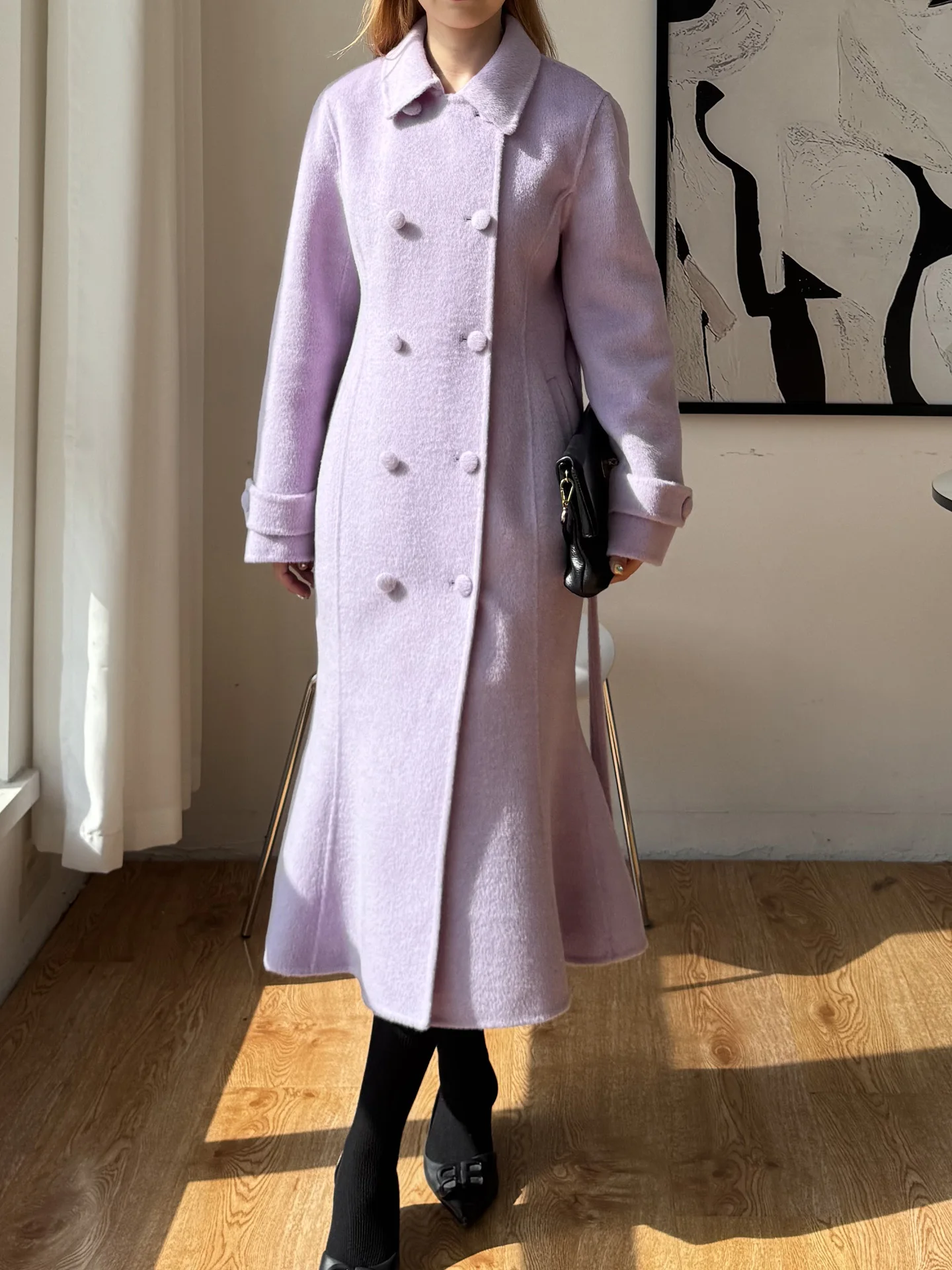 

New High-end Double-sided Wool Cashmere Fish Tail Women Coat Long Female Loose Thick Natural Woolen Coat Fashion Autumn Winter