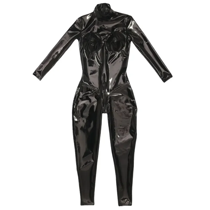 

Женский сексуальный облегающий комбинезон из искусственной кожи с блестящими повязками, облегающий комбинезон из ПВХ, 3D, полный боди, латексная эластичная одежда для косплея, клубная одежда