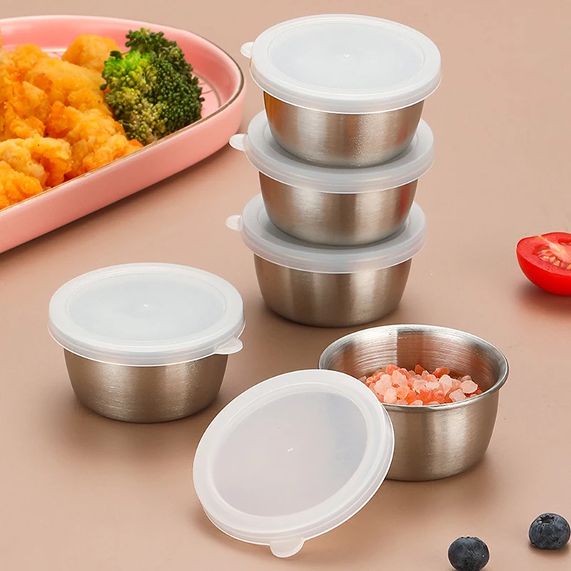 1/6pcs 40ML Salad Dressing Container Sauce Dishes Portable Stainless Steel Small Sauce Cup With Leakproof Lids Dipping Cups view 5