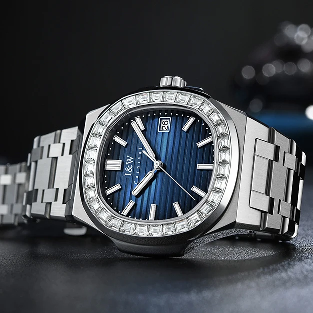 

I&W Мужские автоматические часы 43 мм Квадратные механические наручные часы 50 м Водонепроницаемый светящийся стальной ремешок с кристаллическим безелем