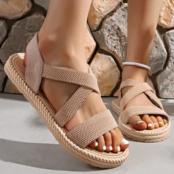 Summer New Flats Sole Women Sandals Fashion Cross Band Plus Size 43 Beach Sandels 2025 Hot Seller Ladies Vacation Zapatillas