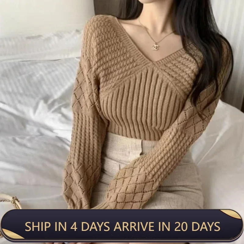 High Level Sense Top For Women Show Thin Stick Knitting Korean Sweet And Gentle Style V Neck Knitted Sweater New Arrival