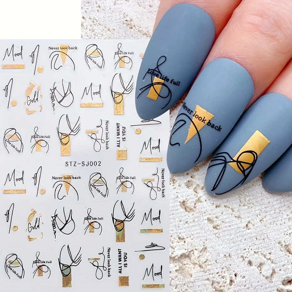 1PC adesivi geometria astratta per unghie laser 3D foglie nere dorate linea cuore cursori adesivi decorazione decalcomania olografica