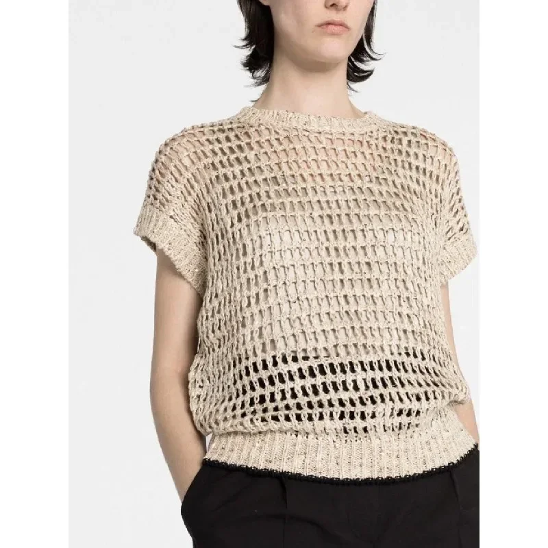 

BC@ Style Top for Women's 2024 Spring/Summer New Silk Cotton Bead Hollowed Out Hand Hook Hollowed Out Base Knit Sweater