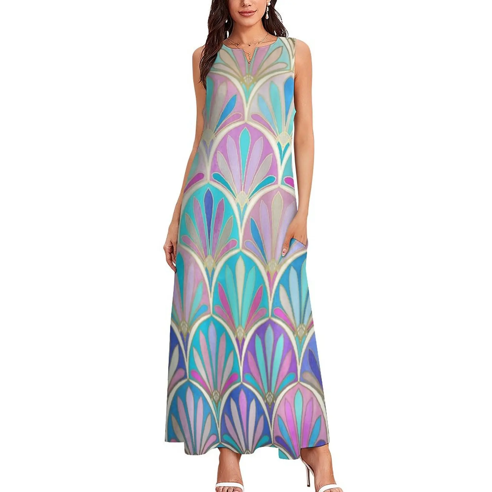 Glamorous Twenties Art Deco Pastel Pattern Long Dress Aesthetic clothing Woman clothing