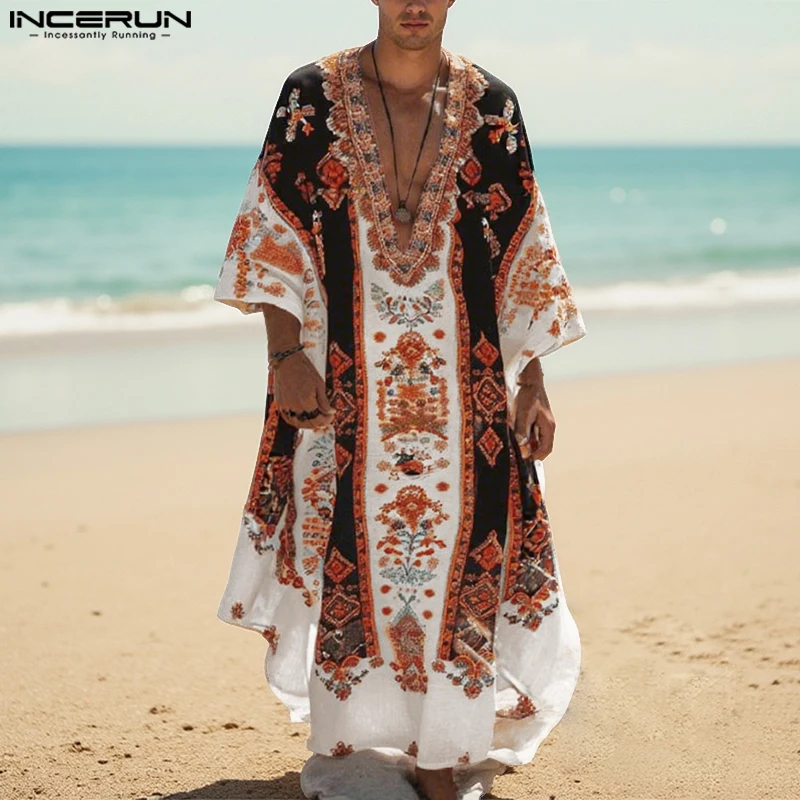 

INCERUN Men Long Style Shirt Printing V Neck 3/4 Sleeve Male Dress Streetwear Vintage Vacation Casual Men Clothing Oversize