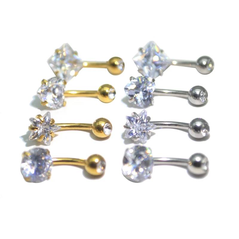 

40pcs Fashion Navel Ring Clear Stone Belly Button Bar Heart Star Crystal CZ Gem Round Surgical Steel Curved 14G