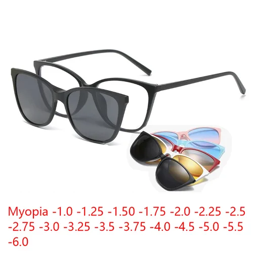 Gafas de sol tipo ojo de gato para mujer, gafas de sol para miopía 6 en 1, gafas con Clip magnético polarizado, monturas para gafas graduadas ópticas-0,5 ~-6,0