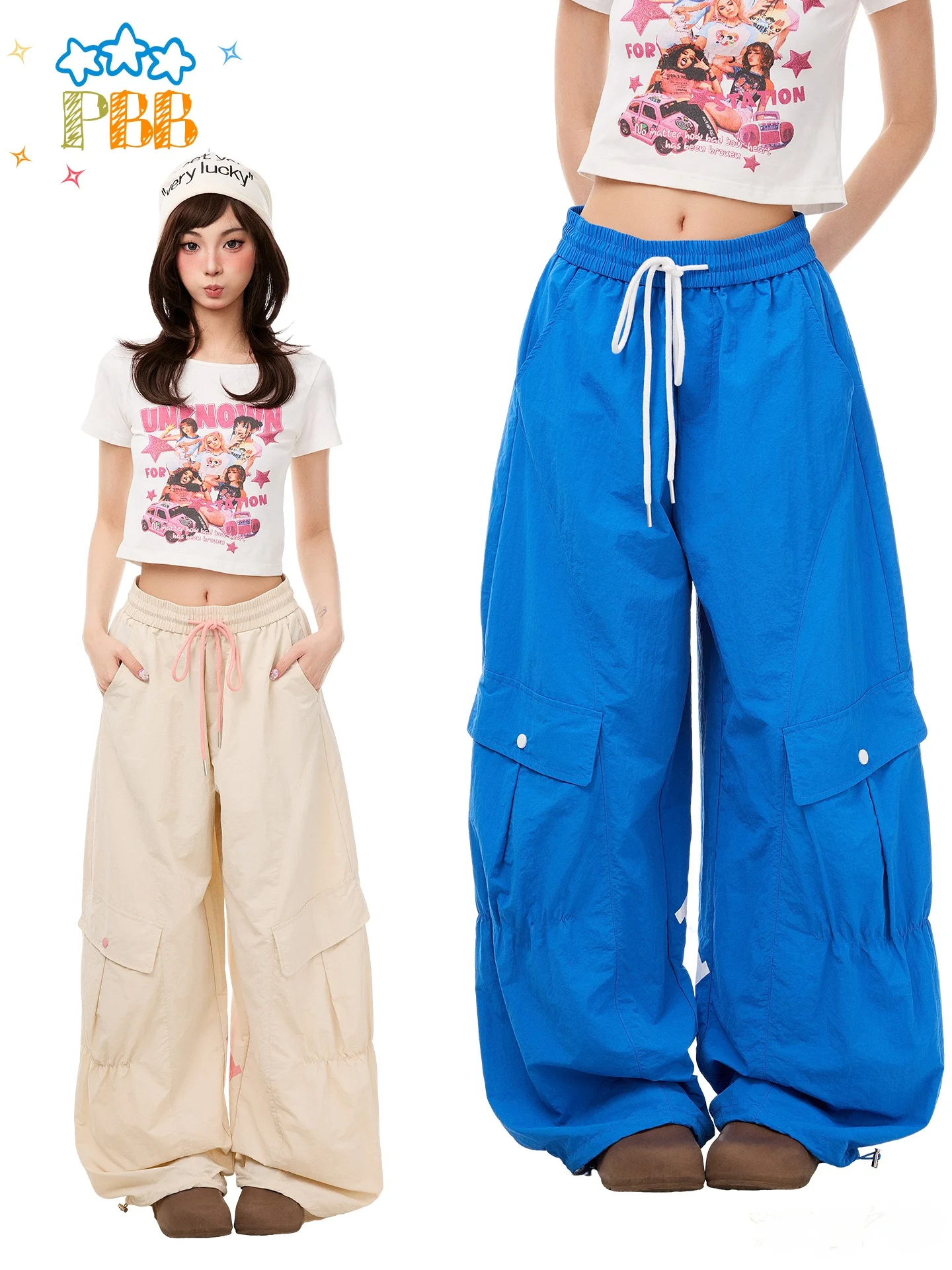 PBB American Retro Letter Print Multi Pocket Workwear Casual Pants Women High Waist Loose Sports Wide Leg Floor Length Trousers