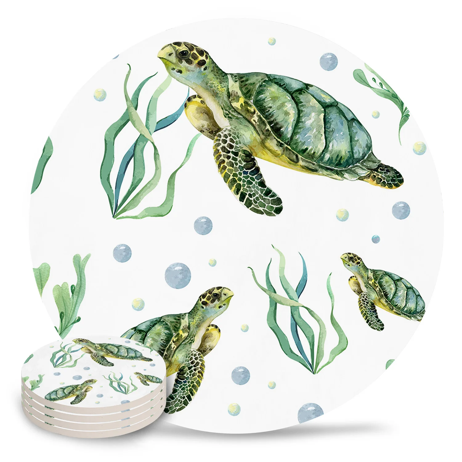 Marine Life Sea Turtle Coral Coasters Ceramic Set Round Absorbent Drink Coaster Coffee Tea Cup Placemats Table Mat